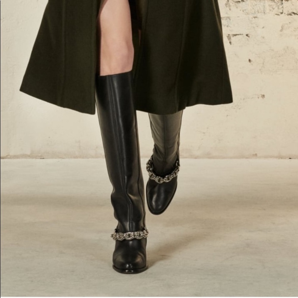 Zara Long Black Leather Wedge Silver Metal Chain Boots SZ 6 - Picture 4 of 14